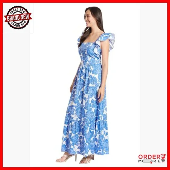 Size 0 Maxi Dress with Square Neck Ruffle Detail Polyester Lined - Picture 2 of 7